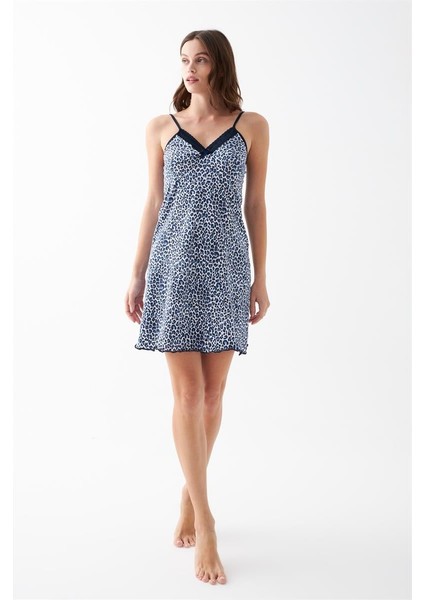 Modaserdem Kadın Mavi Leopar Desenli Dantel Detaylı Ip Askılı Gecelik fırsatları