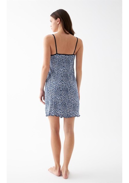 Modaserdem Kadın Mavi Leopar Desenli Dantel Detaylı Ip Askılı Gecelik
