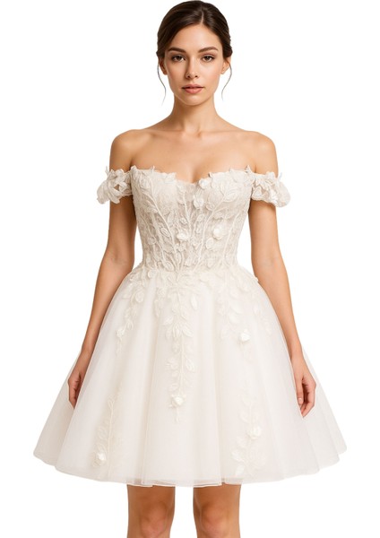 7076 El Yapımı Dantel Detaylı Kısa Transparan Gelinlik - 38 / 40 Beden