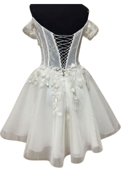 7076 El Yapımı Dantel Detaylı Kısa Transparan Gelinlik - 38 / 40 Beden modelleri