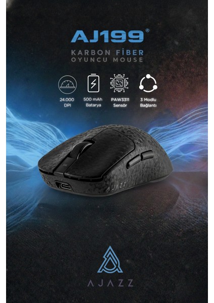 AJ199 Karbon Fiber 3 Modlu Ultra Hafif 24.000 Dpı, Oyuncu Mouse PAW3311 SENSÖR-500 Mah Batarya