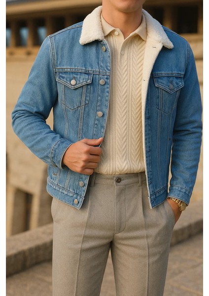 Erkek Kışlık Trend Günlük A.mavi Içi Kürklü Peluş Ceket