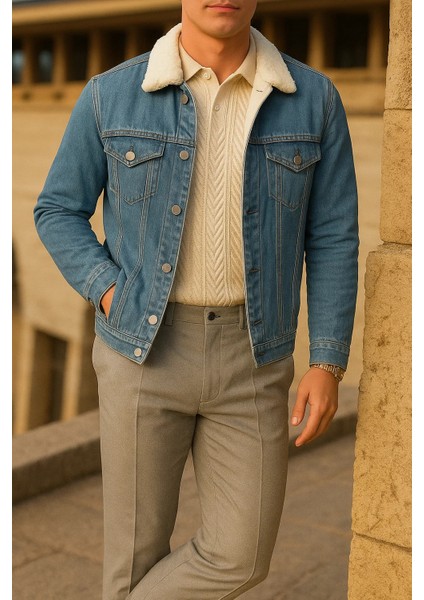 Erkek Kışlık Trend Günlük A.mavi Içi Kürklü Peluş Ceket modelleri
