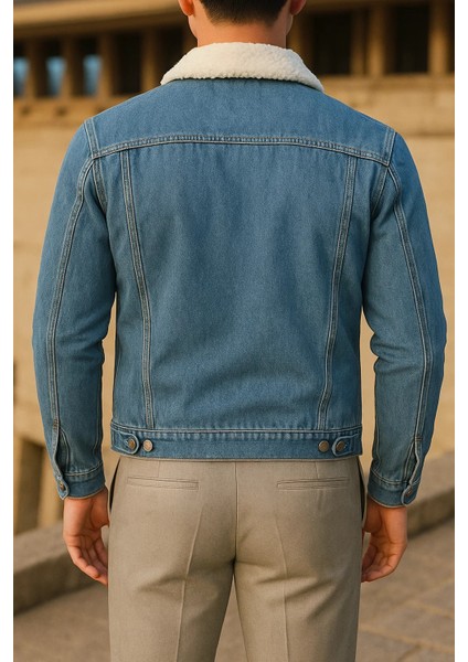 Erkek Kışlık Trend Günlük A.mavi Içi Kürklü Peluş Ceket