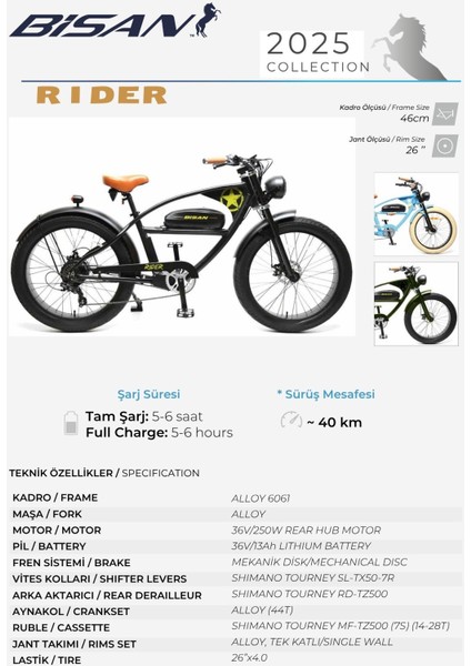 Rider Elektrikli Bisiklet 46 cm Disk Fren 26 Jant 7 Vites Mat Siyah Yeşil