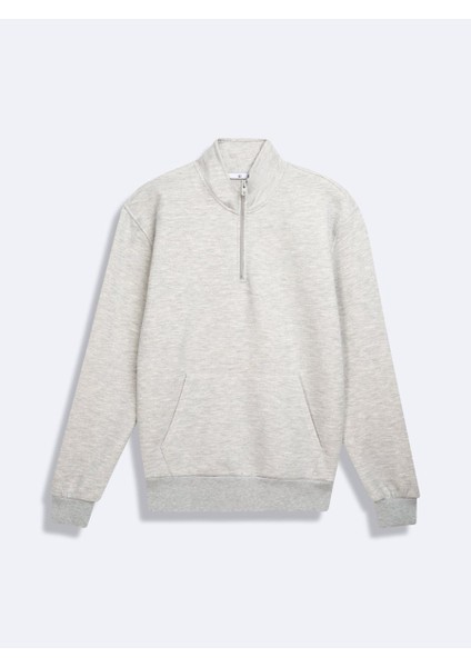 Uzun Kollu Yarım Fermuarlı Gri Sweatshırt