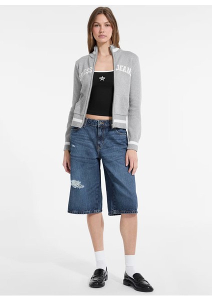 Yarım Balıkçı Yaka Standart Işlemeli Gri Kazak Kadın Guess Jeans Kadın Triko