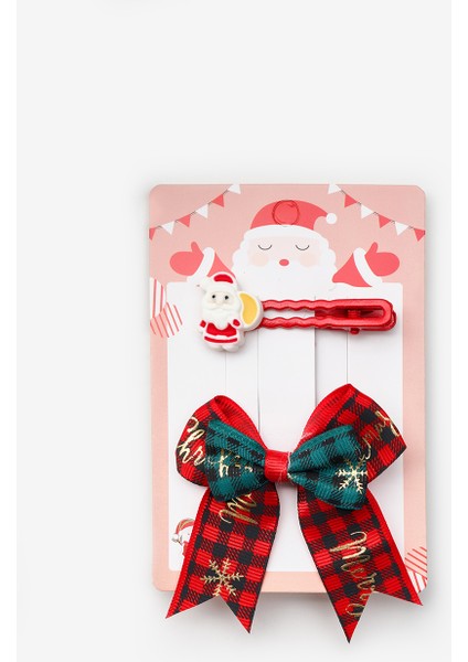Çok Renkli Noel Baba ve Ekoseli Kurdele Fiyonk 2'li Toka Set