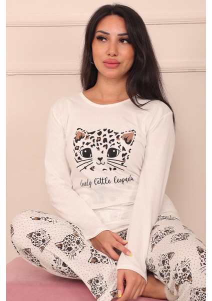 Kadın Leopar Desenli ve Sloganlı Altı Desenli Bisiklet Yaka Uzun Kol Altı Uzun Penye Pijama Takımı