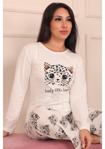 Kadın Leopar Desenli ve Sloganlı Altı Desenli Bisiklet Yaka Uzun Kol Altı Uzun Penye Pijama Takımı fiyatları