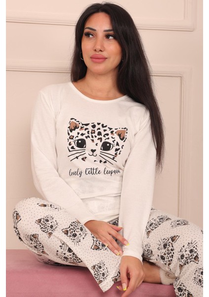Kadın Leopar Desenli ve Sloganlı Altı Desenli Bisiklet Yaka Uzun Kol Altı Uzun Penye Pijama Takımı fırsatları