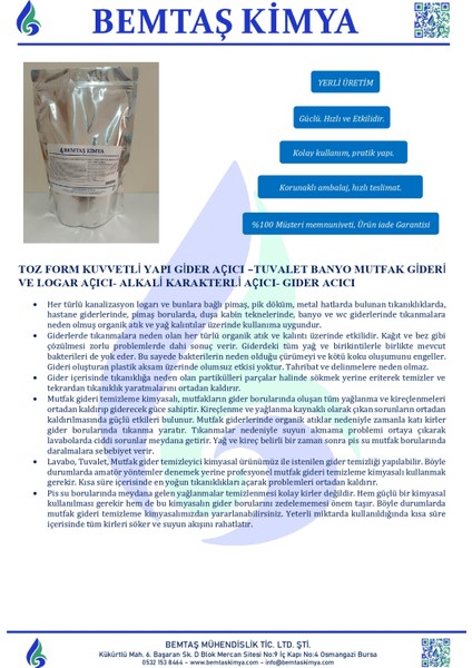 Toz Form Kuvvetli Yapı Gider Açıcı –tuvalet Banyo Mutfak Gideri ve Logar Açıcı- Alkali Karakterli Açıcı- Gıder Acıcı fiyatları