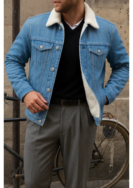 Erkek Kışlık Trend Basic A.mavi Içi Kürklü Peluş Mont