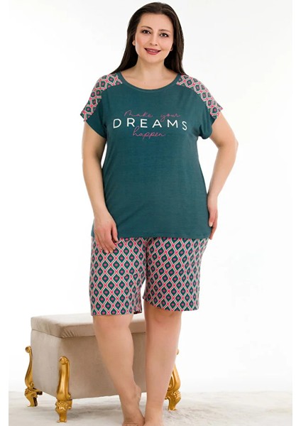 Lady Büyük Beden Desenli Kısa Kol Şortlu Pijama Takımı