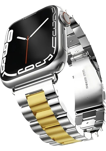 Apple Watch Paslanmaz Çelik Kordon ( Seri 10 - 46 mm Uyumlu) Gümüş Altın