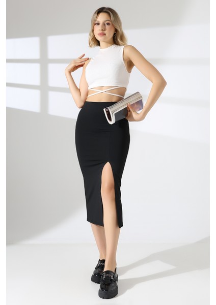 Ön Yırtmaçlı Midi Boy Kalem Etek