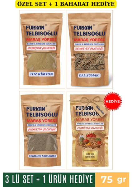 Organik Çöplü Sumak 75GR + Kimyon Toz 75GR + Çekilmiş Karabiber 75GR + 1 Baharat Hediye