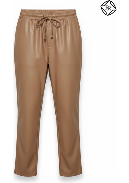 Kadın Rahat Kalıp Lastikli Bel Düz Paça Deri Pantolon