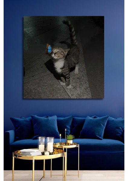 Şirin Kedi ve Kelebek Sulu Boya Görünümlü Ahşap Dekoratif Tablo Dikdörtgen Tablo