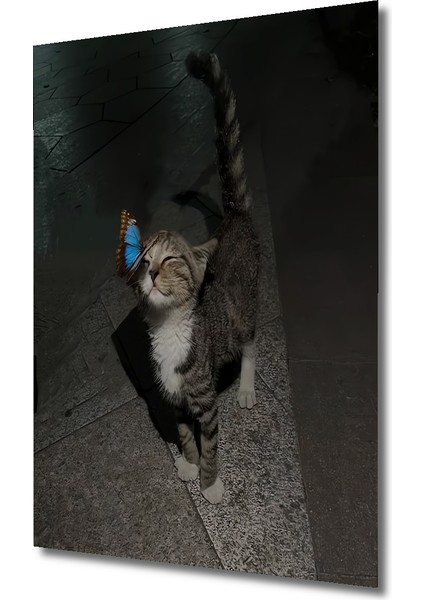 Şirin Kedi ve Kelebek Sulu Boya Görünümlü Ahşap Dekoratif Tablo Dikdörtgen Tablo modelleri