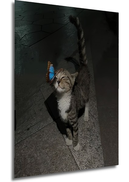 Şirin Kedi ve Kelebek Sulu Boya Görünümlü Ahşap Dekoratif Tablo Dikdörtgen Tablo fırsatları