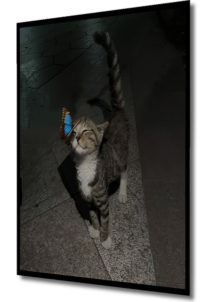 Şirin Kedi ve Kelebek Sulu Boya Görünümlü Ahşap Dekoratif Tablo Dikdörtgen Tablo indirimleri