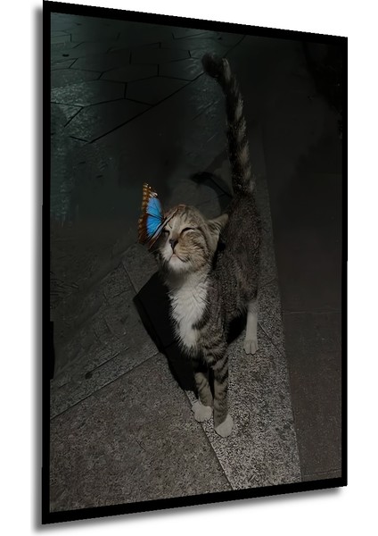 Şirin Kedi ve Kelebek Sulu Boya Görünümlü Ahşap Dekoratif Tablo Dikdörtgen Tablo