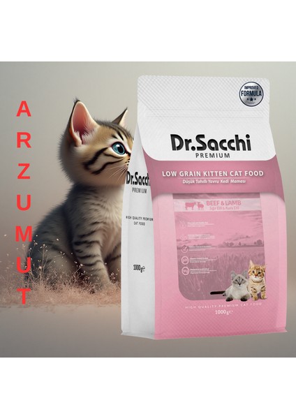 Dr.Sacchi Premium Düşük Tahıllı Sığır Etli ve Kuzu Etli Yavru Kedi Maması 1 kg