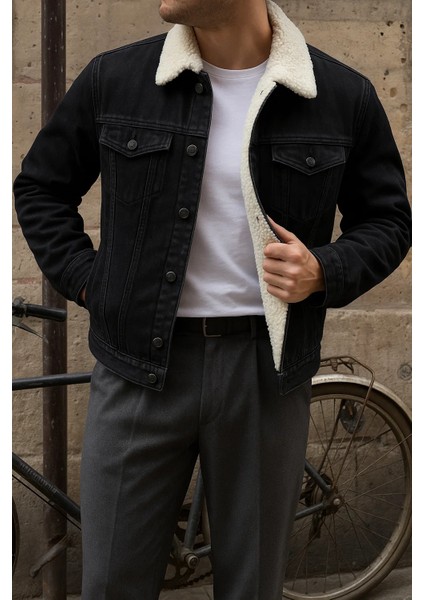 Erkek Kışlık Trend Basic Siyah Içi Kürklü Peluş Mont