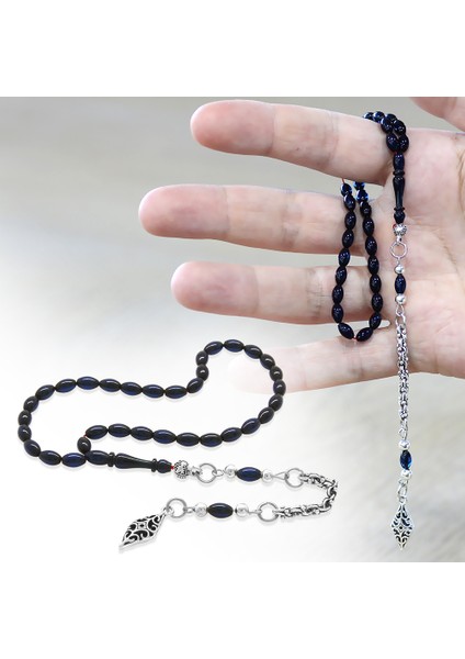Sıkma Kehribar Tesbih - Kararmaz Metal Arnavut Püsküllü - Mini Boy - Lacivert Renk - Arpa Kesim fiyatları