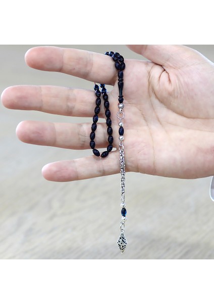 Sıkma Kehribar Tesbih - Kararmaz Metal Arnavut Püsküllü - Mini Boy - Lacivert Renk - Arpa Kesim fırsatları
