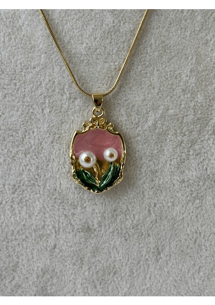 Pembe ve Yeşil Renkli Çiçekli Gold Kolye fiyatları