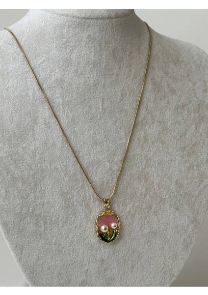 Pembe ve Yeşil Renkli Çiçekli Gold Kolye modelleri