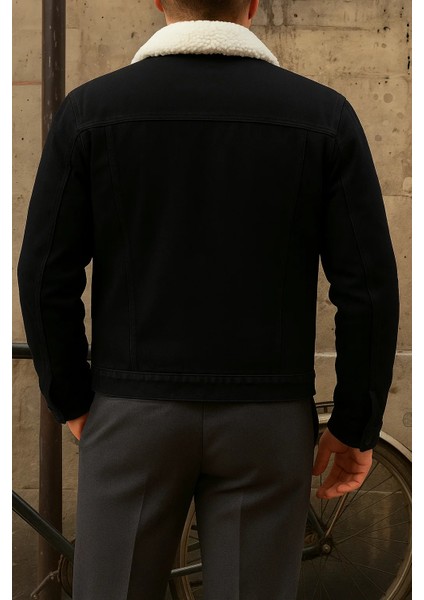 Erkek Kışlık Trend Basic Siyah Içi Kürklü Peluş Mont