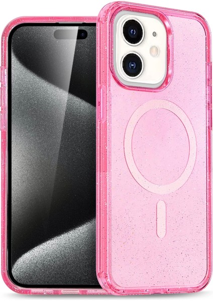 Apple iPhone 12 Glow Simli Standlı Lens Hediyeli Kılıf Kapak - Pembe