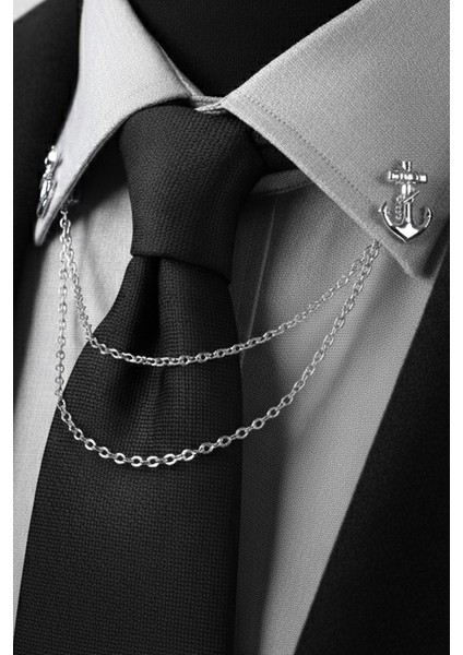 Gümüş Renk Çapa Zincirli Gömlek & Ceket & Damatlık & Yaka Iğnesi