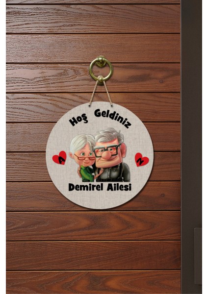 Kapı Süsü Sevimli Yaşlı Çift Hoş Geldiniz Ahşap Baskı Kişiye Özel Tasarım