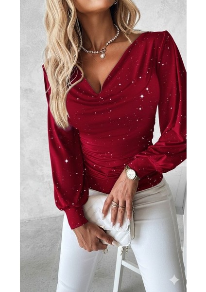 Kadın Uzun Kollu Degaje Yaka Taşlı Sandy Bluz fiyatları