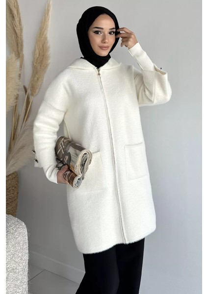 Gülseli Kapüşonlu Çift Cepli Ön Fermuarlı Tesettür Triko Hırka P-00019031