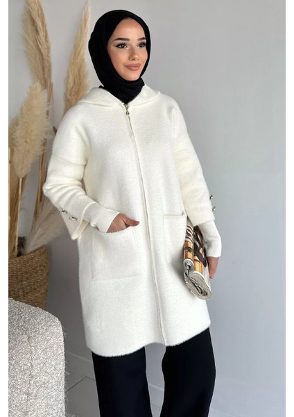 Gülseli Kapüşonlu Çift Cepli Ön Fermuarlı Tesettür Triko Hırka P-00019031 fiyatları