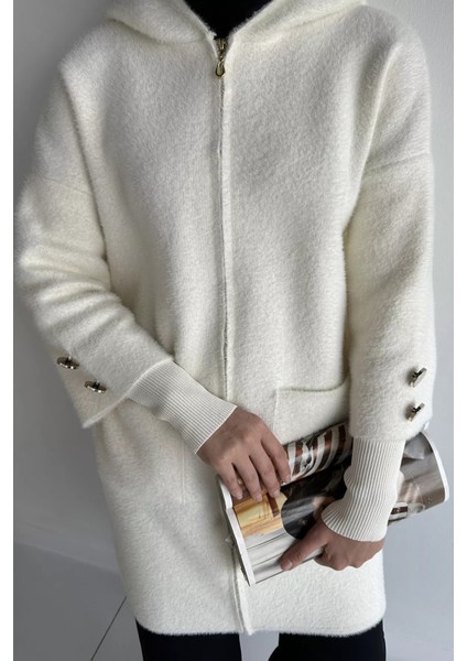 Gülseli Kapüşonlu Çift Cepli Ön Fermuarlı Tesettür Triko Hırka P-00019031 fırsatları