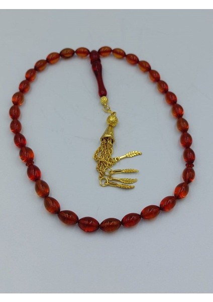 Şeffaf Kırmızı Arpa Kesim Alpaka Püskül Kehribar Tespih