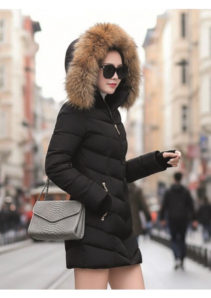 Eldiven Detaylı Siyah Kapüşonlu Orta boy Kürklü Şişme Mont co121syh fırsatları