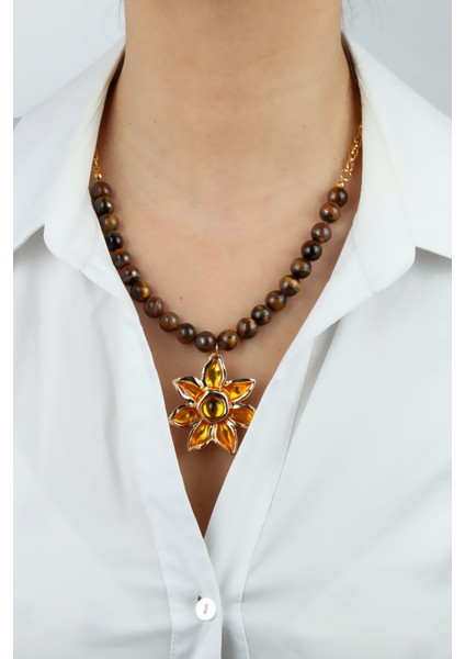 Çiçek Figürlü Kaplangözü Doğaltaş Kolye