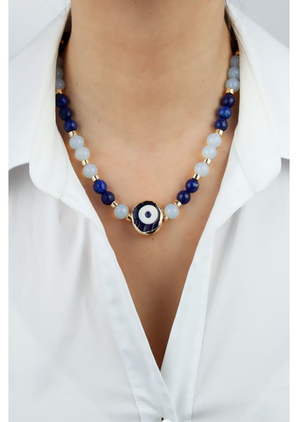 Nazar Boncuklu Gold Detay Kuartz ve Opal Doğaltaş Kolye