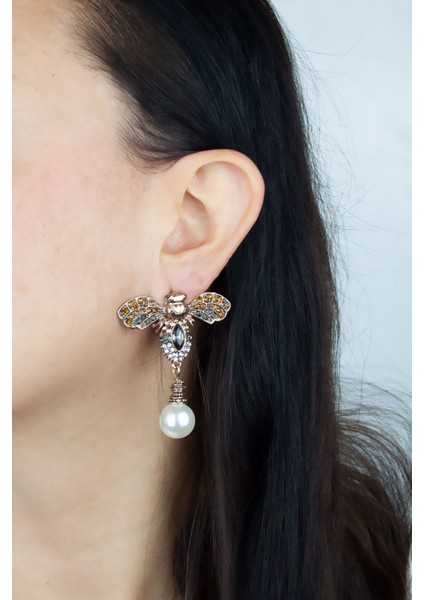 Inci Sallantılı Zirkon Taşlı Arı Figürlü Pirinç Küpe