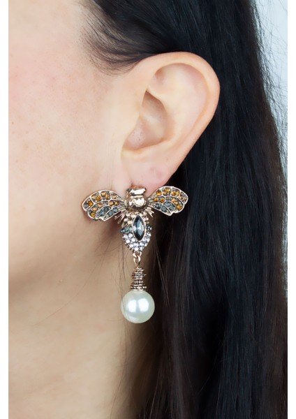 Inci Sallantılı Zirkon Taşlı Arı Figürlü Pirinç Küpe fiyatları