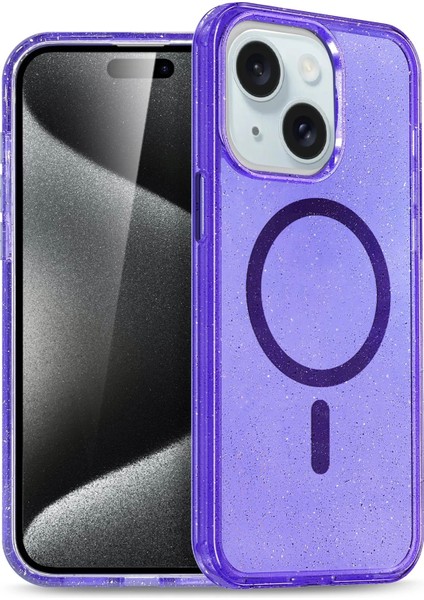 Apple iPhone 15 Glow Simli Standlı Lens Hediyeli Kılıf Kapak - Mor