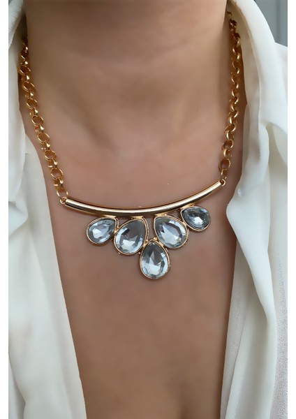 Kristal Taşlı Gold Zincir Kolye