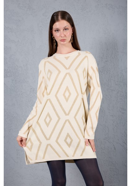 Kadın Ekru Yan Yırtmaçlı Bisiklet Yaka Sim Desenli Triko Bluz